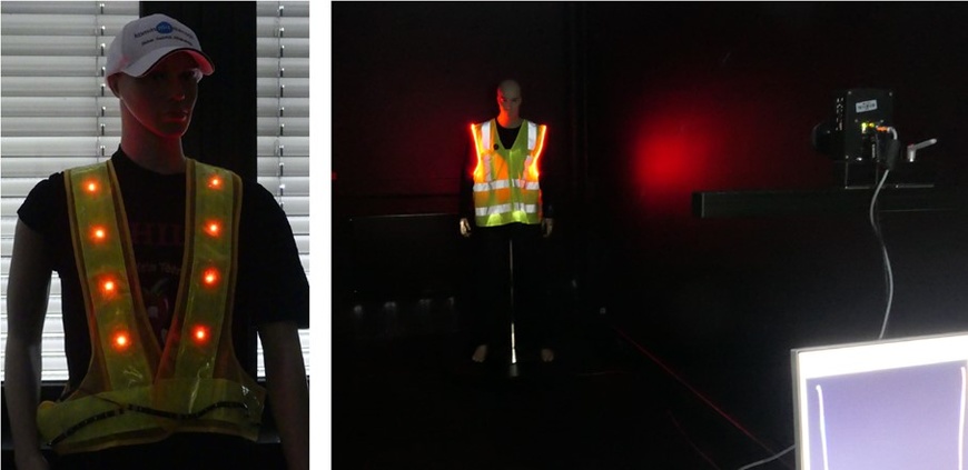 Abbildung 1: Geschirr mit aktiver Beleuchtung (einzelne LEDs) (links), Abbildung 2: Sicht in das „Photometrische Labor“ (rechts) | © DGUV
